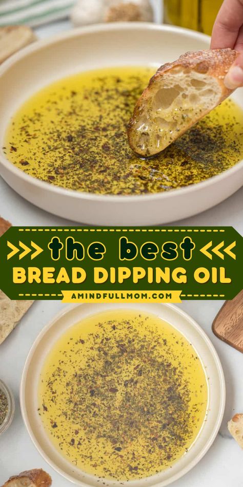 Learn how to make The Best Bread Dipping Oil! This homemade condiment from scratch is made with a dried blend of spices and rich, aromatic olive oil. It's one of the best homemade sauces you can make! Oil For Bread Dipping Recipe, Italian Bread And Olive Oil Dip Recipes, Dipping Sauces For Bread, Bread Dipping Spices Seasoning Mixes, Bread For Oil Dipping, Bread Dips Recipes Oil, Pesto Bread Dipping Sauce, Bread Dipping Oil Recipe Garlic, Best Bread For Dipping In Oil