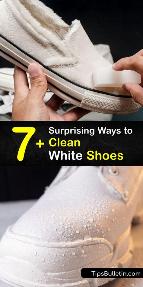 Discover ways to clean white sneakers to remove everyday dirt and tough stains. It’s easy to clean a white sneaker, whether it’s a canvas, suede, or leather shoe using laundry detergent, white vinegar, baking soda, or a Magic Eraser. #howto #clean #white #shoes How To Clean White Sneakers, Clean White Shoes, Clean White Sneakers, Clean White Leather, How To Clean White Shoes, Diy Household Cleaners, Cleaning Checklists, Cleaning Paste, Suede Cleaner