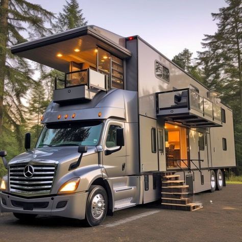 Highway Castles: Semi-Truck RV Conversions with Balconies That Define Luxury Travel Cargo Truck Conversion, Luxury Rv Interior, Semi Truck Living, Traveling Van, Trailer Tiny House, Rv Vans, House Truck, Bus Motorhome, Luxury Rv Living