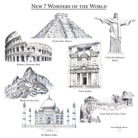 New Map: The new 7 wonders of the World | Beautiful Things Photography Wonders Of The World Drawing, Christ The Redeemer Brazil, 7 World Wonders, The World Drawing, World Drawing, 7 Wonders Of The World, Seven Wonders Of The World, 7 Wonders, Travel Drawing