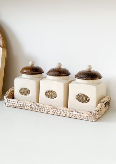 Unusual Tea Coffee Sugar Jars Cottage Country Style | Just Kitchen Canisters Tea And Coffee Jars, Tea And Coffee Canisters, Tea Coffee Sugar Jars, Tea Coffee Sugar Canisters, Sugar Storage, Sugar Container, Coffee Container, Tea Container, Coffee Jars