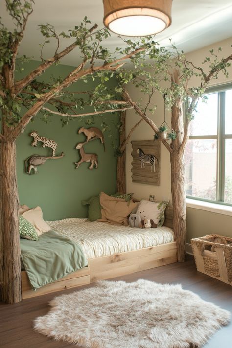 Some fun ideas to make your kid happy with their room's decor. Kids Tree Bed, Woodland Theme Home Decor, Forest Green Playroom, Forest Themed Boys Room, Woodland Forest Room, Forest Theme Bedrooms For Kids, Nature Theme Playroom, Nature Themed Kids Bedroom, Camp Themed Room