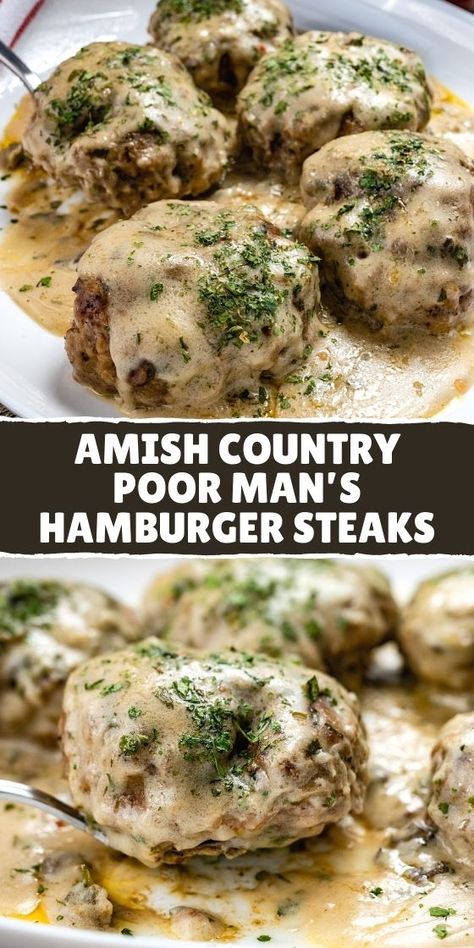 Amish Poor Mans Hamburger, Poor Man’s Hamburger Steaks, Poor Man’s Steak And Gravy, Hamburger Dishes Suppers, Canning Amish Poor Mans Steak, Amish Country Poor Man Hamburger Steak, Amish Country Poor Man’s Hamburger Steaks, Amish Hamburger Steaks, Amish Hamburger Bake