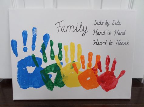 Rainbow Family Handprint Canvas Family Handprint Painting, Family Hand Print Painting Ideas, Family Canvas Handprints Ideas, Handprint Canvas Family, Handprint Painting Family, Family Canvas Art Ideas, Family Handprint Art Canvas Cute Ideas, Family Hand Prints On Canvas, Handprint Art Family