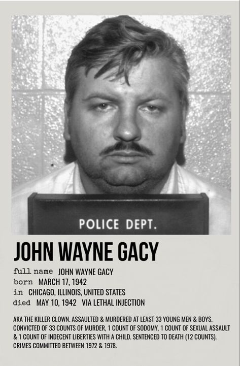 minimal polaroid true crime profile poster for john wayne gacy aka the killer clown John Gacy Clown, John Wayne Gacy Clown, Famous Criminals, Jeff Dahmer Polaroids, Criminology Poster, Killer Clown, John Wayne Gacy, Killer Quote, Detective Aesthetic