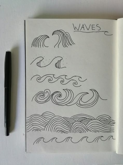 Waves Journal Ideas, Wave Doodle Art, Sea Doodles Waves, Wave Doodle Simple, Beachy Doodles Easy, How To Draw Ocean Waves, Water Doodle Art, Easy Wave Drawing, Bullet Journal Beach Theme