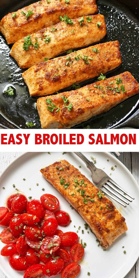 This easy broiled salmon is ready in 15 minutes, making it perfect for a weeknight dinner. It's wonderfully juicy and flavorful! Broiled Fish Recipes, Broiled Burgers, Broiled Salmon Recipes, Easy Oven Recipes, Salmon Steaks, Broiled Salmon, Pan Fried Salmon, Salmon Steak, Meal Planning Menus