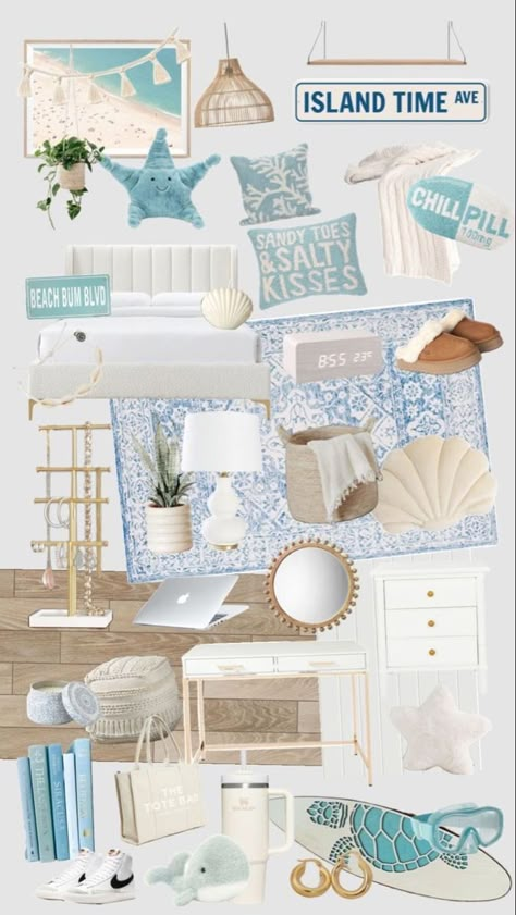 Beach Room Preppy, Room Ideas Aesthetic Costal, Cute Beach Themed Bedrooms, Beach Desk Decor, Coastal Grandma Bedroom Ideas, Summer Bedroom Makeover, Beach Themed Desk, Beach Girl Bedroom Ideas, Beach Room Design