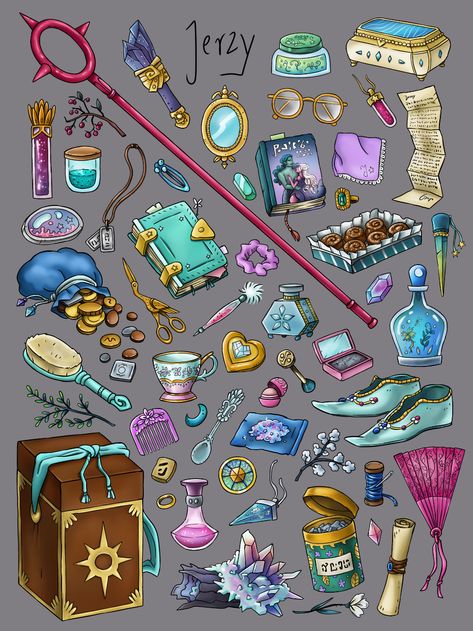 Magical Objects Art, Magic Things Art, Magical Objects Inspiration, Wizard Book Art, Magical Objects Ideas, Magic Objects Fantasy Art, Magic Book Drawing, Witch Objects, Fantasy Items Art