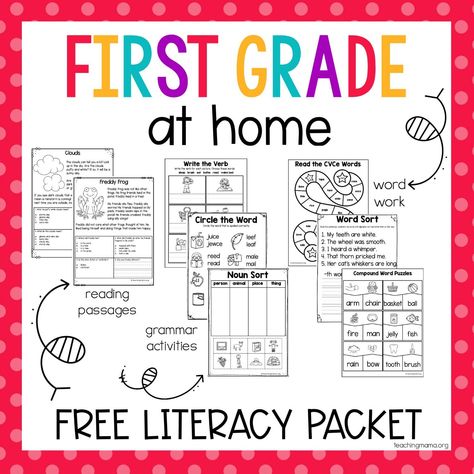 First Grade At Home Literacy Packet Homeschool 1st Grade, 1st Grade Reading Worksheets, 1st Grade Homeschool, First Grade Curriculum, First Grade Reading Comprehension, Teaching Mama, First Grade Lessons, First Grade Literacy, First Grade Phonics