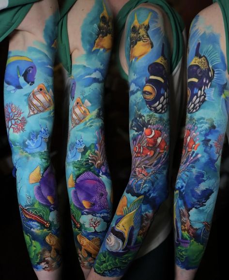 Ocean Sleeve Tattoos, Leg Sleeve Ideas, Ocean Sleeve, Planet Tattoo, World Oceans Day, Planet Tattoos, Ocean Tattoos, Fantasy Tattoos, Wolf Tattoo Design