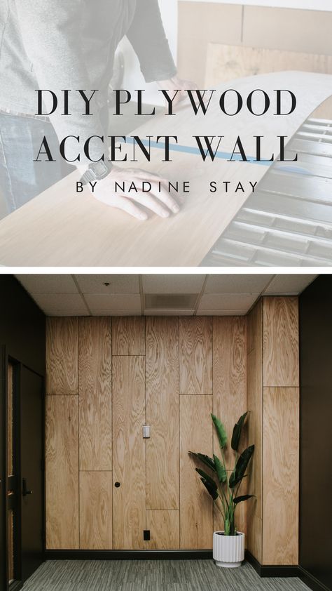 Before and After Reveal! Transforming this basic office space into a stunning modern feature wall. Plywood oak wood accent wall against black walls. DIY plywood accent wall tutorial by Nadine Stay. Recreate this look in your home, office, bedroom, or storefront. #homeremodel #homerenovation #homeupdates #modernhome #modernoffice #woodwall #shiplap #beforeandafter #blackandwhite #oakwood #accentwall Plywood Feature Wall Bedroom, Slanted Wood Wall, Plywood Wall Bedroom, Luan Wood Wall, Ply Feature Wall, Temporary Wood Wall, Plyboard Wall Panel, Finished Plywood Walls, Plywood On Walls