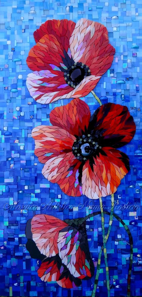 Flower Blue Background, Flower Mosaic, Mosaic Garden Art, Mosaic Art Projects, Floral Mosaic, Mosaic Stained, Mosaic Tile Art, Glass Mosaic Art, Mosaic Pictures