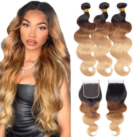 Ombre Sew In Weave, Full Closure Sew In, Sew In Weave With Closure, Sew In With Closure, Weave With Closure, Remy Human Hair Weave, Body Wave Bundles, Ombre Hair Blonde, Sew In Weave