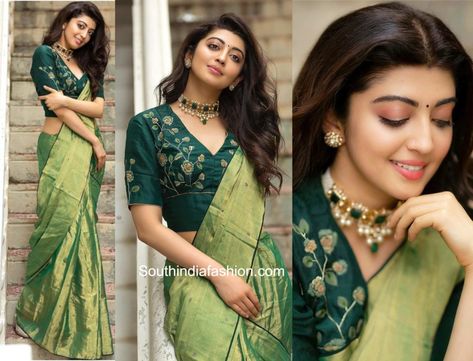 Green Saree Blouse Ideas, V Neck Blouse Jewellery Ideas, Jewellery For V Neck Blouse, High V Neck Blouse Designs, Self Colour Blouse Designs, Blouse Designs Latest V Neck, Necklace For V Neck Blouse, V Neck Blouse Indian Saree, V Neck Blouse Designs Saree