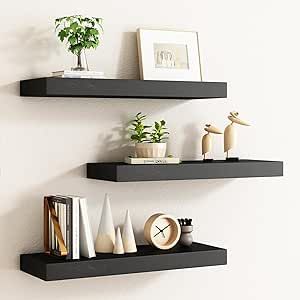 BOFIRE Floating Shelves, Wall Mounted Rustic Wood Shelves for Bathroom, Bedroom, Living Room, Kitchen, Small Hanging Shelf for Books/Storage/Room Decor (Black, 17 Inch) Wood Display Shelves, Storage Room Decor, Display Shelves Decor, Wall Mounted Wood Shelves, Rustic Wood Shelves, Shelf For Books, Black Wall Shelves, Books Storage, Shelves For Bathroom