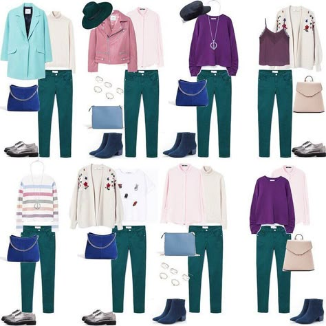 Teal Pants Outfit, Olive Pants Outfit, Turquoise Clothes, Pants Outfit Work, Mode Ab 50, Teal Outfits, Teal Pants, Capsule Wardrobe Work, Color Combinations For Clothes