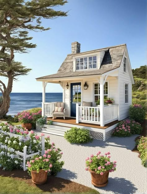 15 Cute Tiny White Cottages Full of Charm - Nikki's Plate White Cottages, Coastal Cottage Decorating, Cute Cottages, Coastal Cottage Style, Small Cottage Homes, Cottage Retreat, Cottage Style Home, Tiny Cottage, Dream Cottage