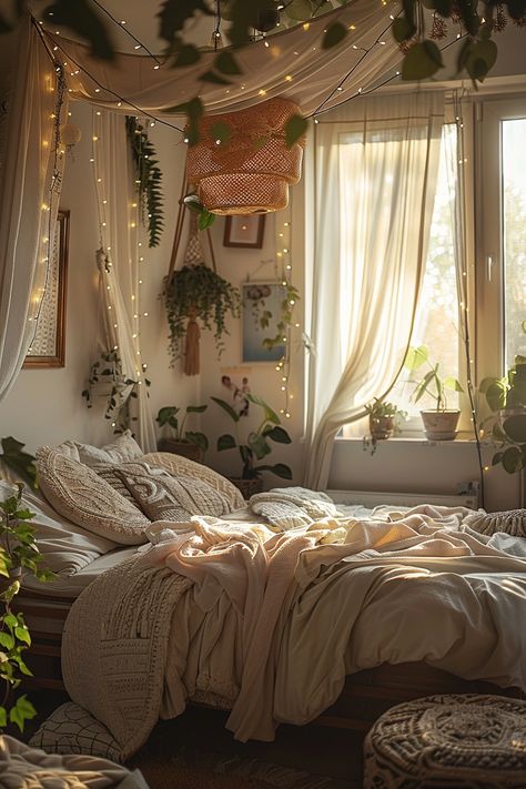 Cozy Bedroom Retro, Retro Boho Bedroom Ideas, Small Cottagecore Bedroom, Boho Nature Bedroom, Natural Light Bedroom, Bedroom Ideas Retro, Retro Boho Bedroom, Boho Vintage Bedroom, Cottagecore Apartment