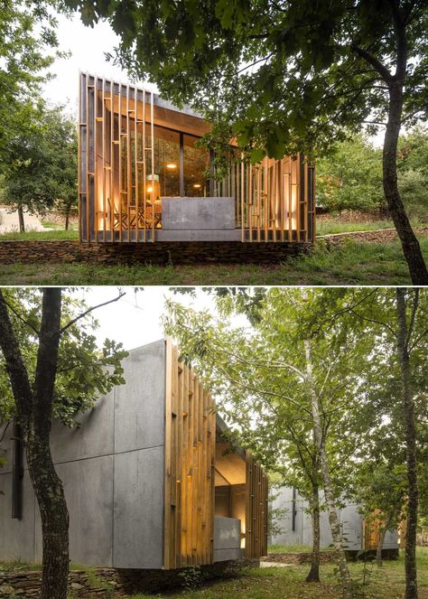 Small Cabin Woods, Modern Stone Cabin, Eco Cabin Design, Modern Wood Cabin, Concrete And Wood Architecture, Wood And Concrete House, Wood And Concrete Architecture, Small Wood Cabin, Concrete Cottage