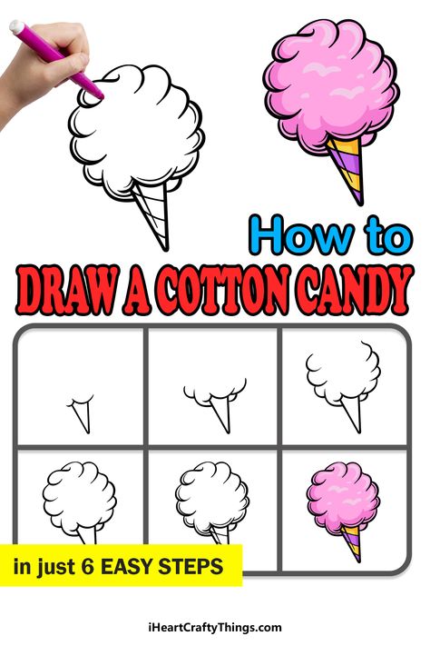 Cotton Candy Drawing Easy, Cartoon Candy Drawing, How To Draw Sweets, How To Draw Candy, Cotton Candy Drawing, Cute Drawings To Draw, Kids Drawing Step By Step, Step By Step Doodles, Candy Drawing