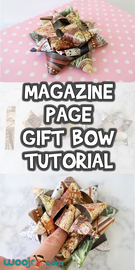 Recycled Magazine Page Gift Bow Tutorial Upcycle Magazines, Gift Bow Tutorial, Recycled Crafts Kids Projects, Old Magazine Crafts, Recycled Magazine Crafts, Recycled Journal, Recycled Paper Crafts, Recycled Crafts Kids, Recycled Magazine