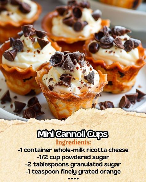 Easy Recipes Cannoli Cups, Mini Cannoli, Phyllo Cups, Italian Foods, Cannoli, Ricotta Cheese, Whole Milk, Granulated Sugar, Powdered Sugar