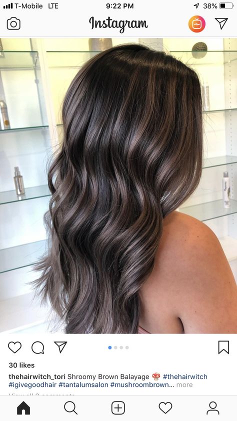 Dark Brown Hair With Cool Toned Highlights, Dark Brown Bayalage Hair Ash, Dark Hair Balayage Ashy, Dark Hair With Mushroom Highlights, Black And Ash Brown Hair, Smokey Highlights Dark Hair, Dark Hair With Dimension Balayage, Dark Brown Ashy Highlights, Cool Brown Highlights On Black Hair