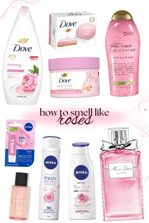 how to smell like roses, dove rose body wash, dove rose bar soap, dove rose body scrub, ogx rose water scrub & wash, nivea rose lip balm, nivea rose deodorant, niveo rose touch body lotion, victoria's secret bare rose fragrance mist, miss dior rose n roses, pink girly shower routine Rose Water Soap, Pink Dove Body Wash, Dove Bar Soap Rose, Dove Body Wash Rose, Rose Smell Combo, Rose Body Products, How To Smell Like Rose Water, Floral Shower Routine, Rose Body Care Products