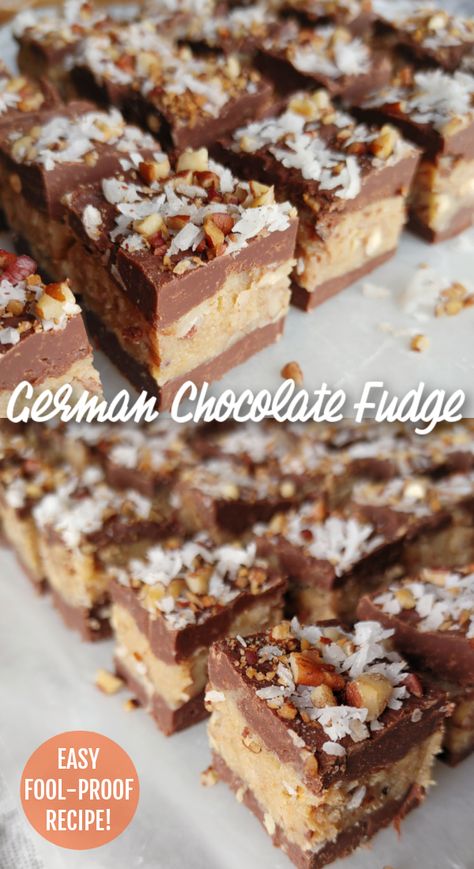 Easy German Chocolate Fudge! A simple, fool-proof recipe for chocolate fudge layered with pecan coconut German chocolate filling made easy with sweetened condensed milk. Eaglebrand Milk Recipes, German Chocolate Fudge Recipe, German Chocolate Filling, German Chocolate Fudge, Sweetened Condensed Milk Fudge, Coconut Fudge Recipe, Condensed Milk Recipes Easy, Vacation Recipes, Milk Chocolate Fudge