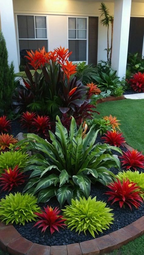 Tropical Landscape Design, Florida Landscaping, Yard Garden Design, Tropical Garden Design, Front Garden Landscape, Small Front Yard Landscaping, Front Yard Garden Design, Flower Garden Design, Front Yards