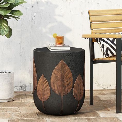 Cerny Outdoor Lightweight Concrete Side Table by Christopher Knight Home - Bed Bath & Beyond - 35064808 Black Patio Decor, Bohemian Coffee Table, Boho Side Table, Concrete Side Table, Lightweight Concrete, Black Patio, Outdoor Patio Space, Outdoor Side Tables, Outdoor Side Table