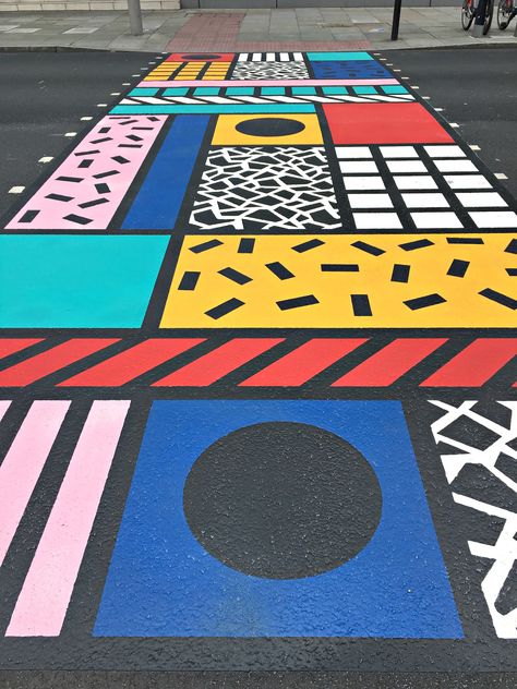 Zebra Crossing Design, Memphis Design Illustration, Street Art Pattern, Crosswalk Art, Crosswalk Design, Street Art Graphic Design, Camille Walala, Memphis Art, Pedestrian Crossing