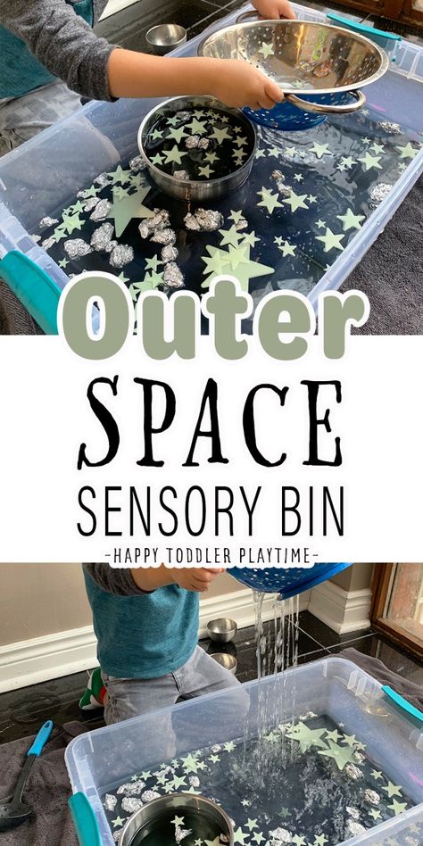 Night And Day Sensory Bin, Sensory Star Activities, Outer Space Activities For Infants, Night Sky Sensory Bin, Space Week Activities For Babies, No Mess Preschool Activities, Preschool Space Art Activities, Outer Space Preschool Activities Learning, Science Themed Sensory Bin