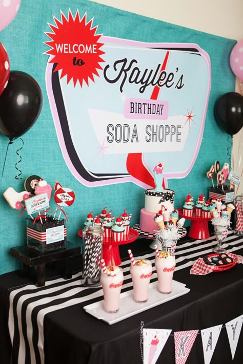 Anders Ruff Custom Designs, LLC: A Retro Soda Shoppe Birthday Party 1950s Party Ideas, Grease Themed Parties, 50s Birthday, Grease Theme, Grease Party, 50s Theme Parties, Retro Birthday Parties, Sock Hop Party, 50s Theme