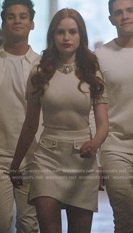 Cheryl’s white pearl embellished top on Riverdale. Outfit Details: https://wornontv.net/133328/ #Riverdale Pom Poms Cheer, Cheryl Blossom Outfits, Riverdale Style, Cheryl Blossom Aesthetic, Riverdale Outfits, Cheryl Style, Blossom Aesthetic, Nails And Outfits, Alexandra Park