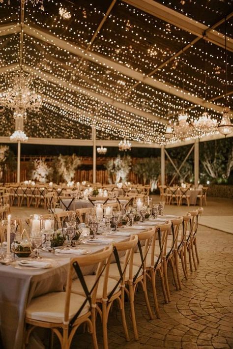 Wedding Venues With Lights, Wedding Venue Floral Ceiling, Wedding Reception Lights Outdoor, Lights In Tent Wedding, Different Wedding Venues, Wedding Tent Fairy Lights, Wedding Venues Tent, Tent Wedding Venue Ideas, Wedding Venues Countryside