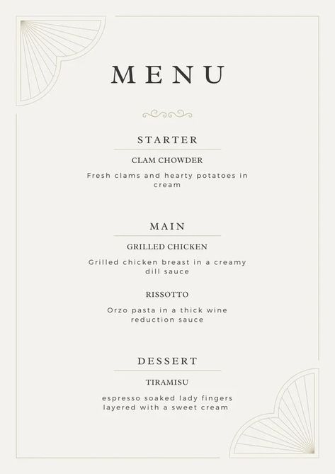 Templates Fine Dining Menu Design, Fall Wedding Menu, Fine Dining Menu, Menu Design Layout, Creamy Dill Sauce, Dining Menu, Dining Design, Wedding Menu Template, Grilling Chicken Breast