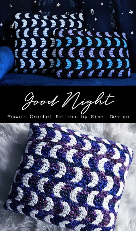 A little crescent moon pattern great for celestial themed decor. Pattern includes steps to create the pillows pictured here. Chart can be used to create anything from blankets, to pillows, sweaters, hats and more!  #mosaiccrochet #crochetpattern #goodnightmoon #crescentmoon #mooncrochet #moon #celestial #sixeldesign Moon And Stars Crochet Blanket, Crescent Moon Crochet Pattern, Celestial Crochet Patterns Free, Moon Crochet Pattern Free, Space Themed Crochet, Celestial Crochet Patterns, Crochet Celestial, Crochet Moon Pillow, Moon Crochet Pattern