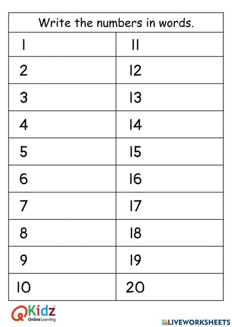 Number Words 1 to 20 worksheet Mathematics Year 1 Worksheet, Numbers As Words Worksheet, Number Spelling Worksheets 1 To 20, Number Name Worksheets For Kindergarten, Number To 20 Worksheets, Counting In Words Worksheet, Maths Worksheet For Senior Kg, Number Spelling Activities, Teen Numbers Worksheet