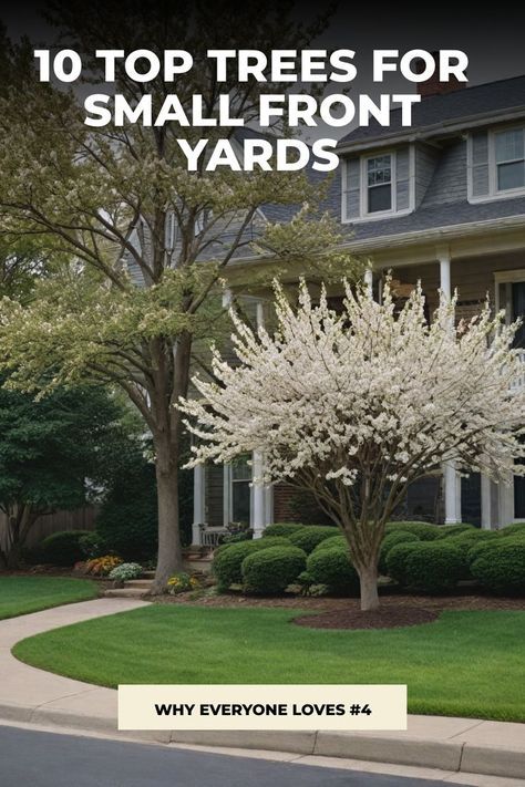 Looking to enhance your small front yard with some greenery? Discover the best trees for small yards that will add charm and character to your outdoor space. Whether you prefer narrow trees for tight spaces or small shrubs to boost curb appeal, there are plenty of perfectly-sized options to choose from. Create a beautiful landscape with these small trees and shrubs that are ideal for tiny yards. Front Garden Curb Appeal, Tiny Front Yard Landscaping, Small Trees For Front Yard, Small Trees For Landscaping, Tiny Front Porch Ideas, Trees For Small Yards, Front Yard Tree Landscaping, Small House Landscaping, Evergreen Landscape Front Yard