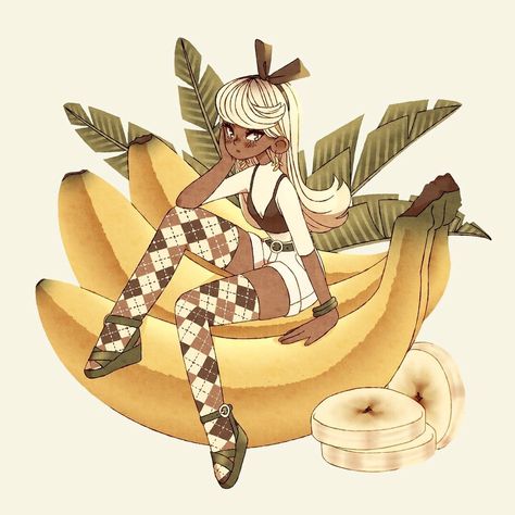 Fruit As People Art, Fruit People Drawing, Eating Fruit Reference, Banana Character Design, Emma Lupine, Fruit Character Design, Banana Fashion, Banana Character, Banana Drawing