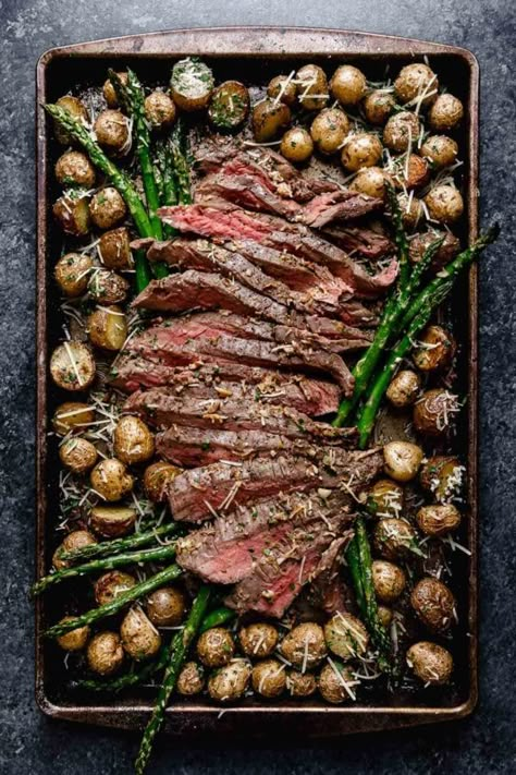 Parmesan Steak, Steak And Potatoes, Real Food Dietitians, Steak Potatoes, Meat And Potatoes, Sheet Pan Dinners Recipes, Asparagus Recipes, Dinners Recipes, Sheet Pan Meals