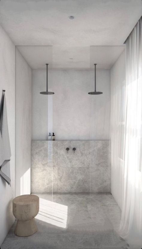 Two Shower Heads, Large Format Tiles, Bathroom Inspiration Modern, Bathroom Redesign, Bathroom Design Inspiration, Bathroom Design Decor, Upstairs Bathrooms, Bathroom Inspiration Decor, Minimalist Bathroom