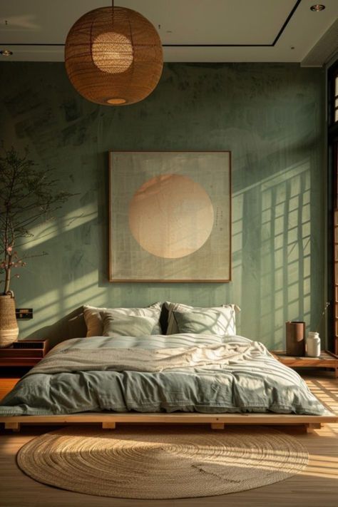 One Wall Green Bedroom, Limewash Green Bedroom, Interior Design Nature Inspired, 2 Accent Walls In Bedroom, Green Limewash Bedroom, Natural Accent Wall, Green Wall In Bedroom, Bedroom Natural Decor, Cozy Natural Bedroom