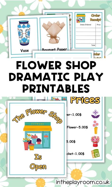 Flower Shop Dramatic Play Free Printables - In The Playroom Dramatic Play Printables Free, Flower Shop Dramatic Play, Flower Activities For Kids, Flower Activities, Pretend Play Printables, Play Preschool, Daycare Curriculum, Play Printables, Dramatic Play Printables