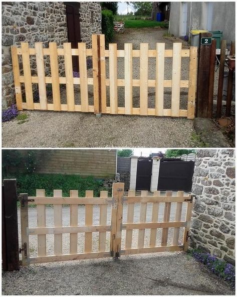 Wood Gate Diy, Pallet Gate, Pallet Fence Diy, Diy Dog Gate, Diy Gate, Garden Gate Design, Wood Pallet Ideas, Diy Garden Fence, Diy Wood Pallet