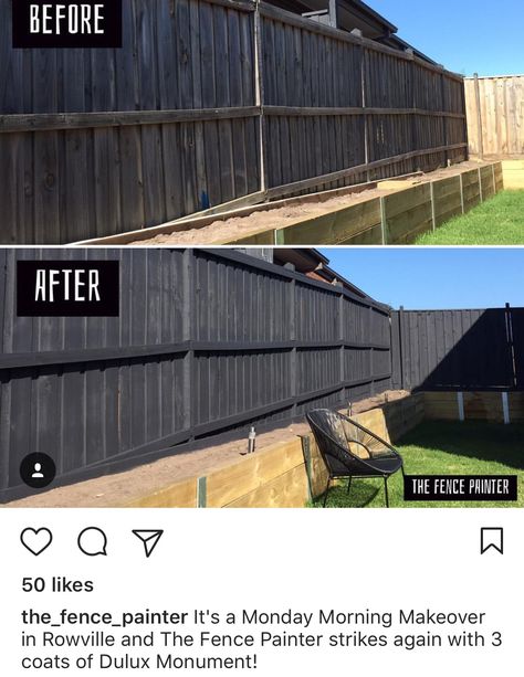 Gray Fence Ideas, Dark Painted Fence, Grey Stained Fence, Dark Blue Fence, Charcoal Stained Fence, Charcoal Grey Fence Paint, Dark Grey Garden Fence, Black Fence Paint, Staining Wood Fence