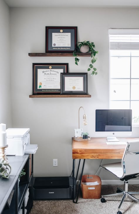 Office Space Decor Professional, Office Decor Diploma, Accomplishment Wall Ideas, Work Place Office Decor Ideas, How To Display Degrees In Office, Office Wall Diploma Decor, Ways To Display Diplomas Wall Ideas, Office Medical Decor, Diploma Display Wall Living Rooms