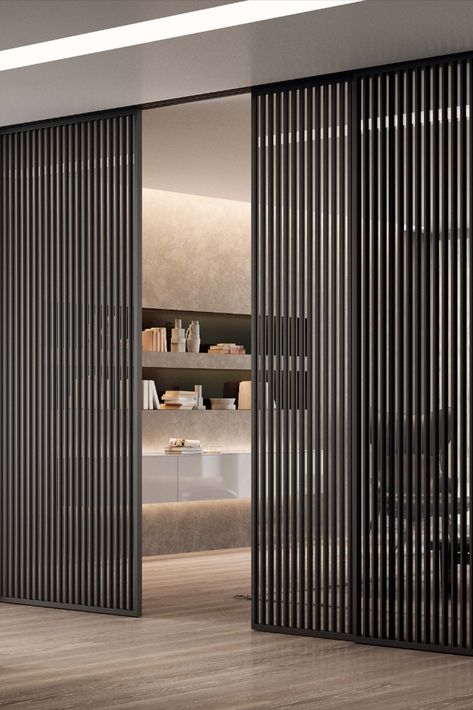 A concept that recalls the cinetic art of the seventies. The dense vertical strips texture creates a solid and light wall at the same time. Click on the pin to find out more! Sliding Divider, Dubai Houses, Door Stripping, Wardrobe Door Designs, Doors Interior Modern, Wardrobe Designs, Villa Plan, Glass And Aluminium, The Seventies